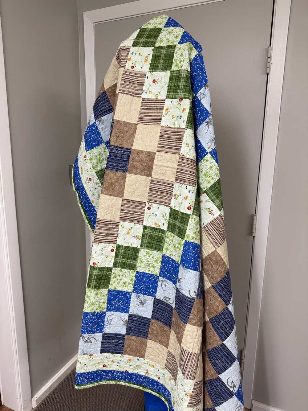 Patchwork Quilt Throw in Blue, Green, Brown and Cream